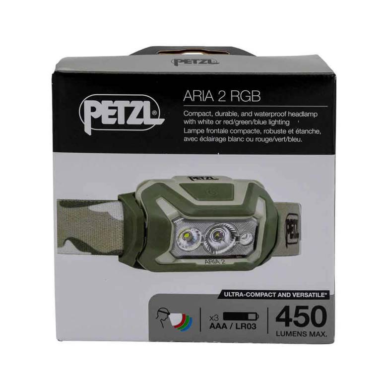Petzl Aria 2 RGB - Stirnband-Taschenlampe (Braun, Camouflage, Duraluminium, Gummi, Tasten)